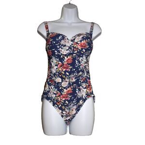 NipTuck Floral 1 Piece Bathing Suit Size 8 Navy Blue Scrunched Waist Full Cover